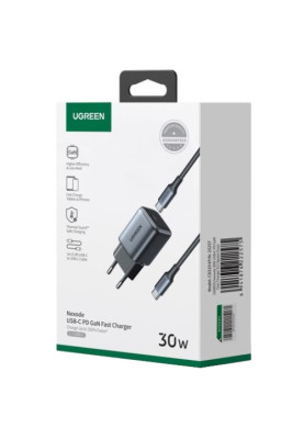 Зарядний пристрій 1xUSB 30W (USB-C) Gan PD Nexode Mini + PD cable Сірий CD319 Ugreen