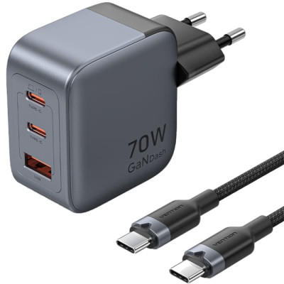 Зарядний пристрій 3xUSB 70W GaN (2хUSB-C+USB-A) + USB-C cable М-М Black Vention Зарядний пристрій 3xUSB 70W GaN (2хUSB-C+USB-A) + USB-C cable М-М Black Vention