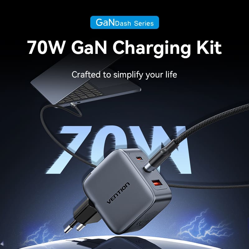 Зарядний пристрій 3xUSB 70W GaN (2хUSB-C+USB-A) + USB-C cable М-М Black Vention