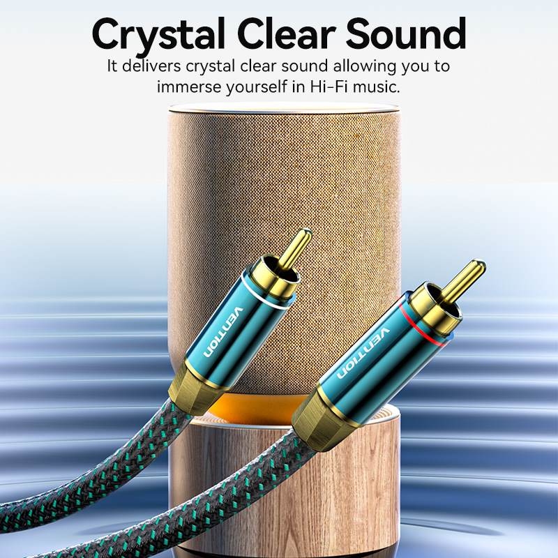 Кабель AUX Audio HiFi 2RCAx2 M/M 5.0м, OFC Silver, Zinc alloy, зелений, Vention
