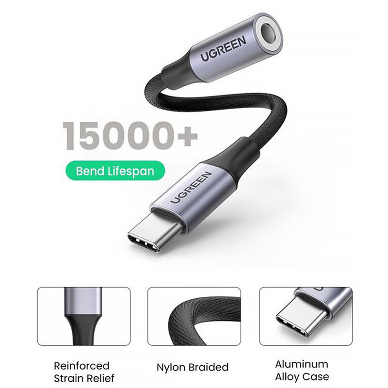 Адаптер для навушників USB-C to 3.5mm M/F 10sm AV161 UGREEN Сірий