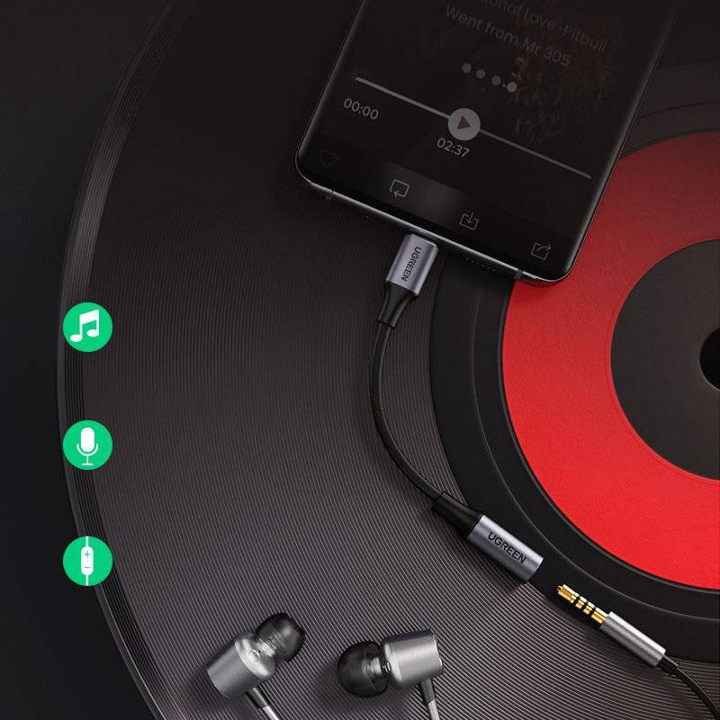 Адаптер для навушників USB-C to 3.5mm M/F 10sm AV161 UGREEN Сірий