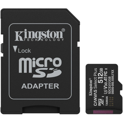 Memory card microSDXC 512GB Kingston Canvas Select Plus Gen3 C10 A1, Retail + adapter