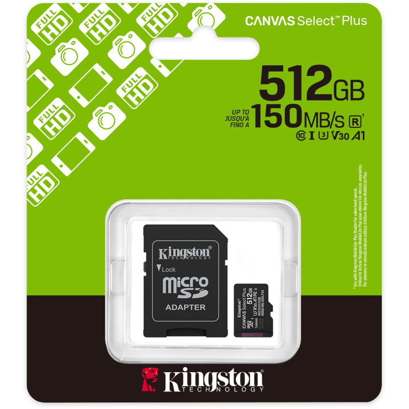 Memory card microSDXC 512GB Kingston Canvas Select Plus Gen3 C10 A1, Retail + adapter