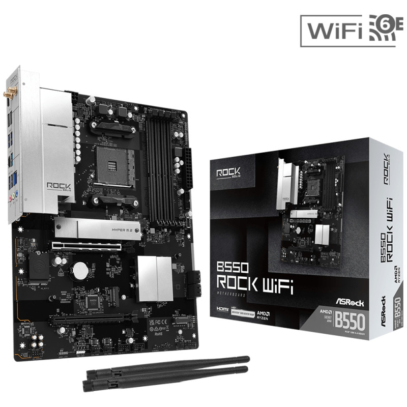 ASRock B550 Rock WiFi (AM4/B550, 4*DDR4, 2xPCIex16, HDMI, 4xSATA, 3xM.2, 2.5GLan, 7.1ch, ATX)