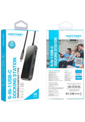 Док-станція USB3.1 Type-C --> HDMI 4K60Hz/USB 3.0х3/RJ45/PD 87W 6-in-1 Mirrored Surface Vention
