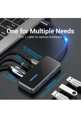 Док-станція USB3.1 Type-C --> HDMI 4K60Hz/USB 3.0х3/RJ45/PD 87W 6-in-1 Mirrored Surface Vention