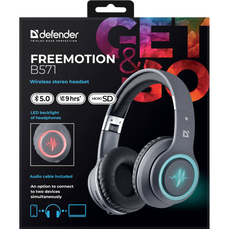 Гарнітура Defender FreeMotion B571, Bluetooth+3,5мм, LED, Gray