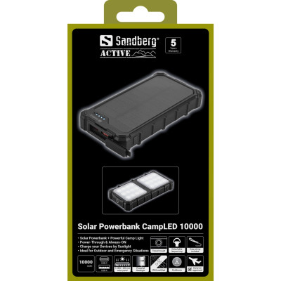УМБ сонячна Sandberg 10000mAh 22,5W PD Solar Powerbank CampLED, USB-A,USB-C In/Out, PowerThru УМБ сонячна Sandberg 10000mAh 22,5W PD Solar Powerbank CampLED, USB-A,USB-C In/Out, PowerThru