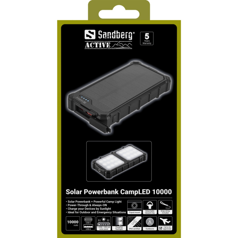 УМБ сонячна Sandberg 10000mAh 22,5W PD Solar Powerbank CampLED, USB-A,USB-C In/Out, PowerThru