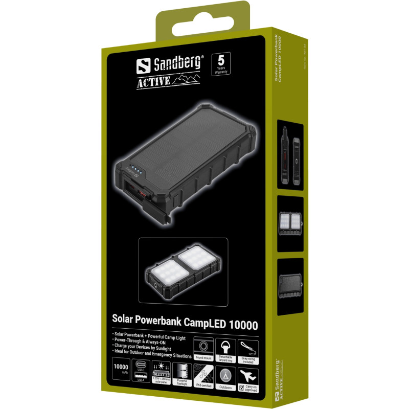 УМБ сонячна Sandberg 10000mAh 22,5W PD Solar Powerbank CampLED, USB-A,USB-C In/Out, PowerThru