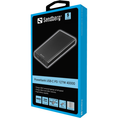 УМБ Sandberg 40000mAh 127W 20В/5А,PD, UPS mode, 2хUSB, Type-C OUT
