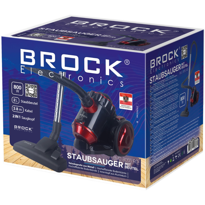 Порохотяг BROCK BVC 8055 RD контейнерний/ 800Вт/ 2л/ фільтр НЕРА/ чорно-червоний