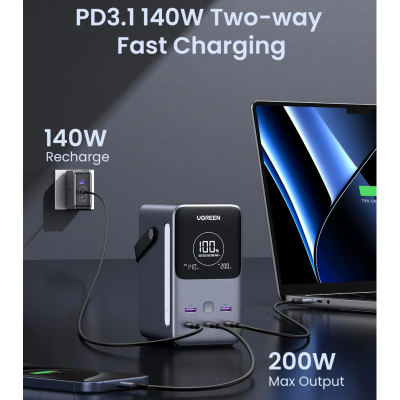 УМБ Ugreen 48000mAh 300W PD 3.1 3xUSB C+2xUSB A, зарядка 140w, Led лампа