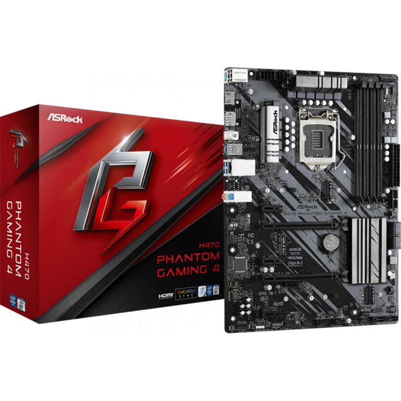 Материнська плата ASRock H470 PHANTOM GAMING 4 (1200/H470, 4*DDR4,2xPCIex16, 6xSATAІІІ, RAID, 3xM.2, GLan, 7.1ch, ATX)