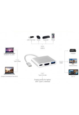 Док-станція USB3.1 Type-C --> HDMI/USB3.0/Type-C (F), кабель 0.1м, OEM
