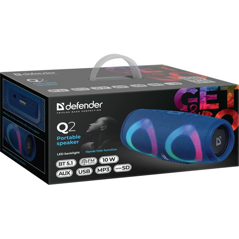 Акустична система 1.0 Defender Q2 10W, BT/FM/USB/TF/AUX синя