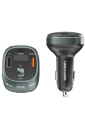 автомобільний FM-трансміттер Vention PD 54W 3-Port USB (C+A+A) LED/USB Flash/Bluetooth, вольтметр