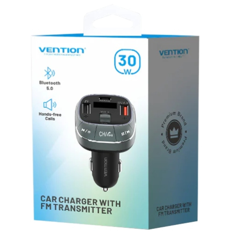 Автомобільний FM-трансміттер Vention PD 54W 3-Port USB (C+A+A) LED/USB Flash/Bluetooth, вольтметр