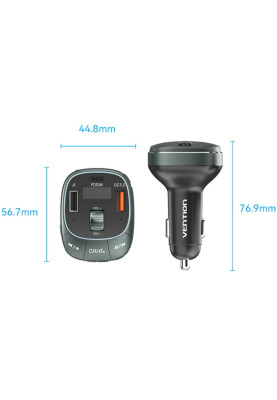 автомобільний FM-трансміттер Vention PD 54W 3-Port USB (C+A+A) LED/USB Flash/Bluetooth, вольтметр