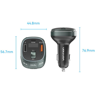 Автомобільний FM-трансміттер Vention PD 54W 3-Port USB (C+A+A) LED/USB Flash/Bluetooth, вольтметр