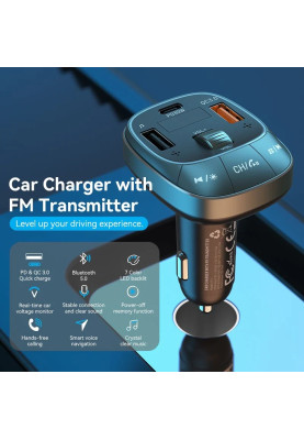 автомобільний FM-трансміттер Vention PD 54W 3-Port USB (C+A+A) LED/USB Flash/Bluetooth, вольтметр