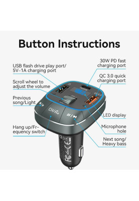 автомобільний FM-трансміттер Vention PD 54W 3-Port USB (C+A+A) LED/USB Flash/Bluetooth, вольтметр