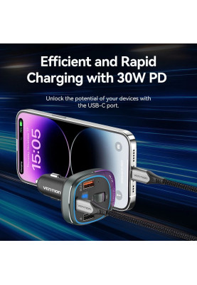 автомобільний FM-трансміттер Vention PD 54W 3-Port USB (C+A+A) LED/USB Flash/Bluetooth, вольтметр