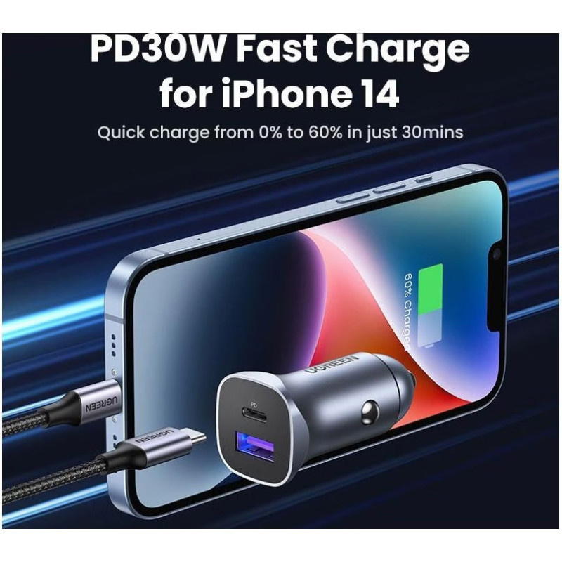 Автозарядка 2xUSB 30W (USB-C + USB-A) CD130 Ugreen