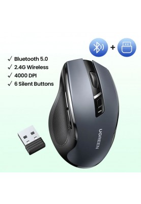 Мишка UGREEN 2.4GHz MU006, бездротова, Bluetooth, 4000dpi., 4кн.,Silence Design, Сіра