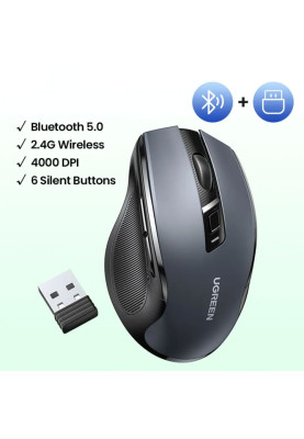 Мишка UGREEN 2.4GHz MU006, бездротова, Bluetooth, 4000dpi., 4кн.,Silence Design, Сіра
