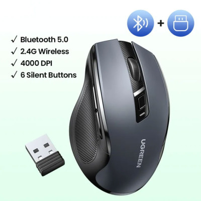 Мишка UGREEN 2.4GHz MU006, бездротова, Bluetooth, 4000dpi., 4кн.,Silence Design, Сіра Мишка UGREEN 2.4GHz MU006, бездротова, Bluetooth, 4000dpi., 4кн.,Silence Design, Сіра