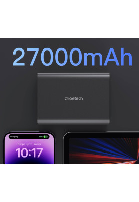 УМБ Choetech 27000mAh 222.5W, UPS mode, 2xUSB-C PD 100+100W, 2хUSB-A 22W, Li-pol, Display, black