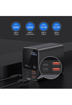 УМБ Choetech 27000mAh 222.5W, UPS mode, 2xUSB-C PD 100+100W, 2хUSB-A 22W, Li-pol, Display, black