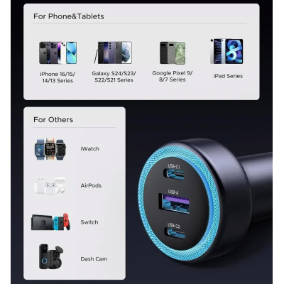 Автозарядка 3xUSB 30W (2xUSB-C + USB-A) QC 4.0 Сіра (EC307) UGREEN