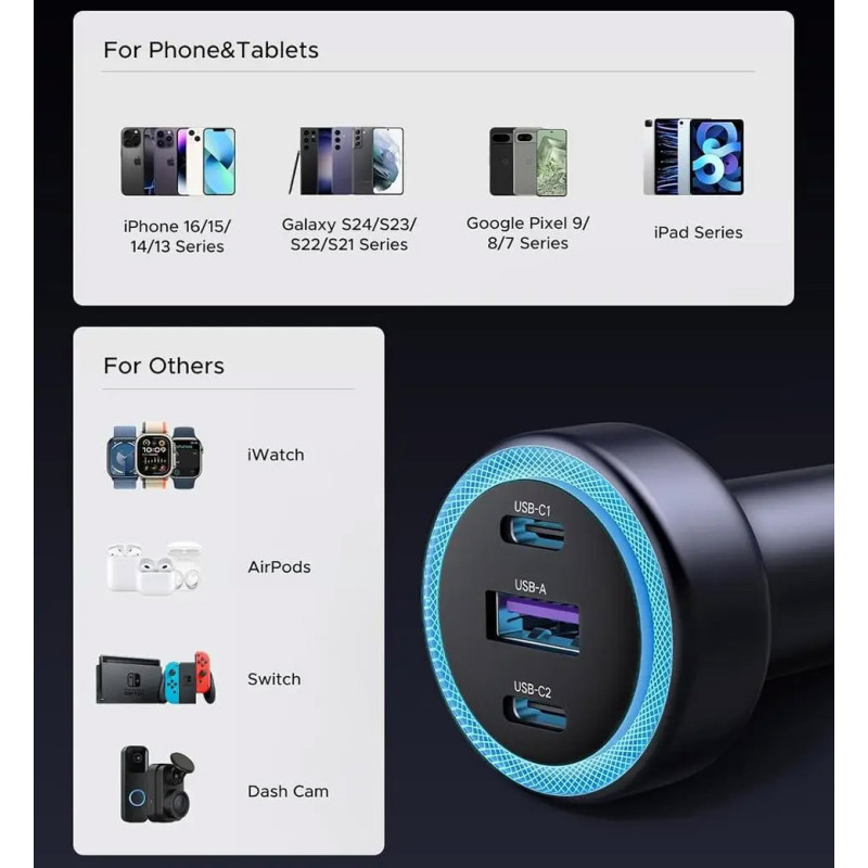 Автозарядка 3xUSB 30W (2xUSB-C + USB-A) QC 4.0 Сіра (EC307) UGREEN