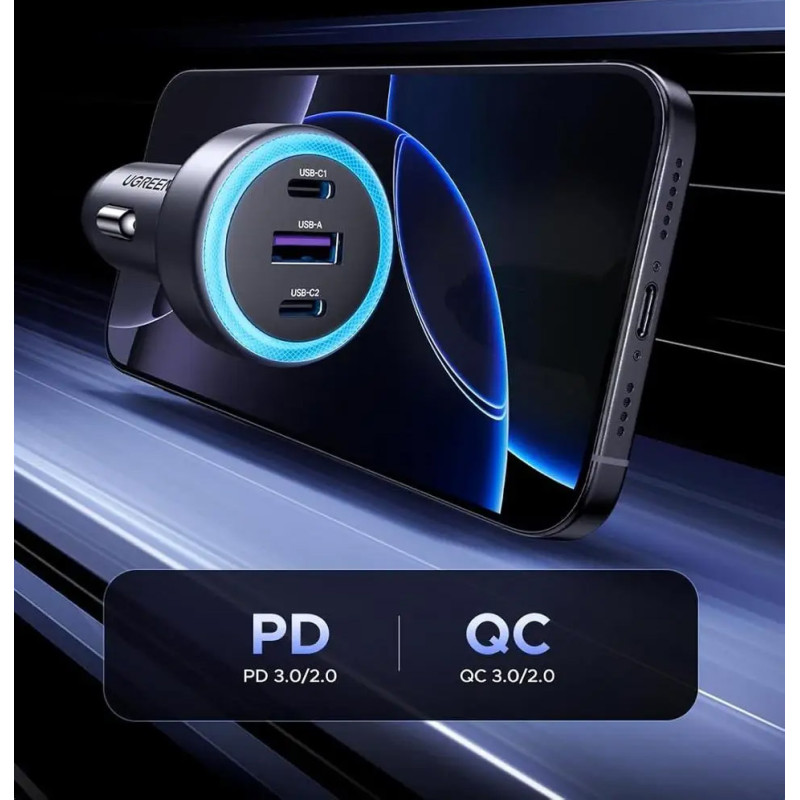 Автозарядка 3xUSB 30W (2xUSB-C + USB-A) QC 4.0 Сіра (EC307) UGREEN