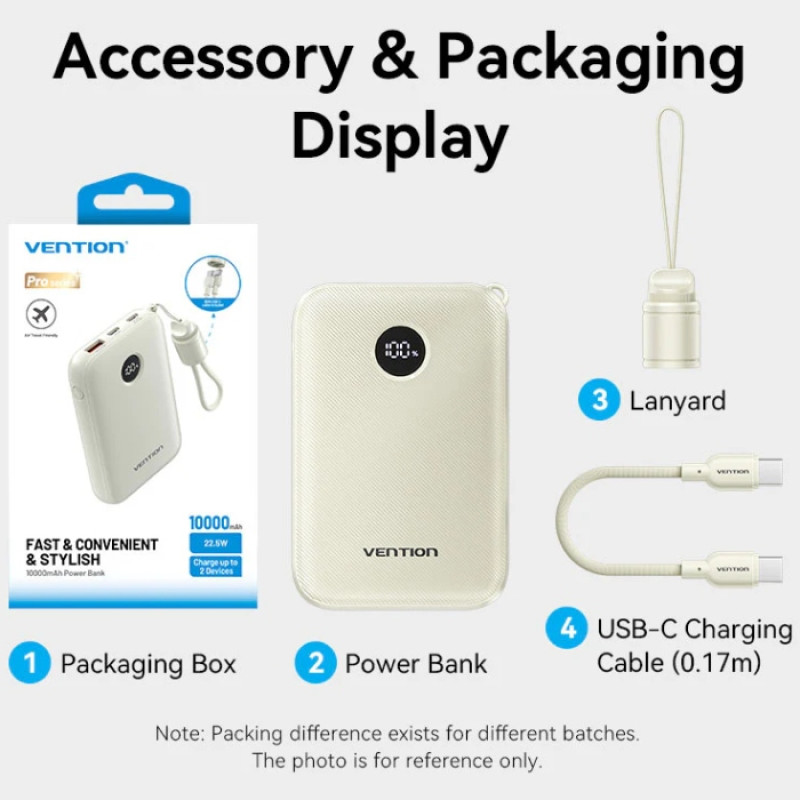 УМБ Vention 10000mAh 22,5W Fast Charging, USB-A, 2xUSB-C Beige