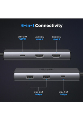 Док-станція USB3.1 Type-C --> HDMIx2 4K60Hz (8k30Hz)/USB 3.0x2/Type-C/PD 100W CM498 6 in 1 Ugr