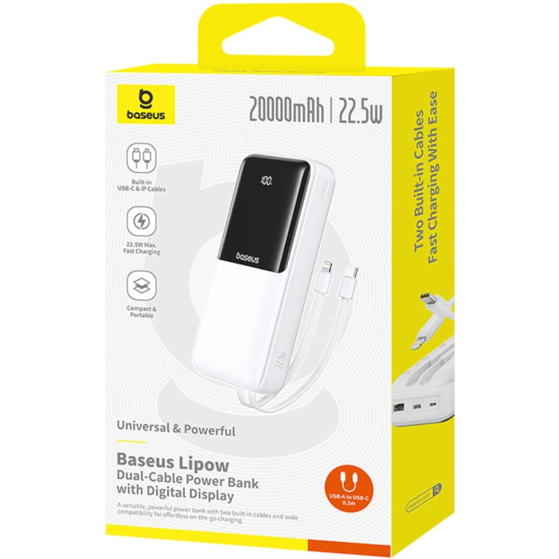 УМБ Baseus 20000mAh Lipow 22,5W PD,QC USB-A,MicroUSB,USB-C In/Out, Built-In Lightning/USB-C cable