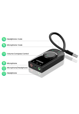 Звукова карта USB AUX jack, TRS(Mic + Ear) SSS1629 Ugreen Чорна CM129
