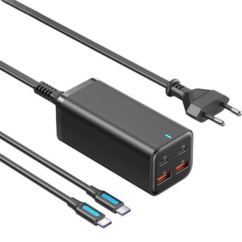 Зарядний пристрій 4xUSB 100W (2xUSB-C+2xUSB-A) PD3.0/QC 3.0/GaN Black Vention