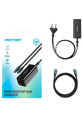 Зарядний пристрій 4xUSB 100W (2xUSB-C+2xUSB-A) PD3.0/QC 3.0/GaN Black Vention