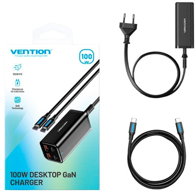 Зарядний пристрій 4xUSB 100W (2xUSB-C+2xUSB-A) PD3.0/QC 3.0/GaN Black Vention