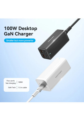 Зарядний пристрій 4xUSB 100W (2xUSB-C+2xUSB-A) PD3.0/QC 3.0/GaN Black Vention