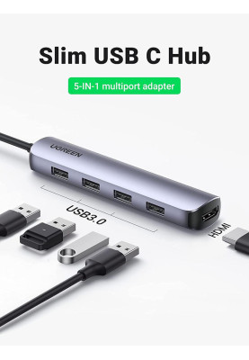 Док-станція USB3.0 Type-C --> HDMI/USB 3.0x4 Ugreen CM417 Сіра