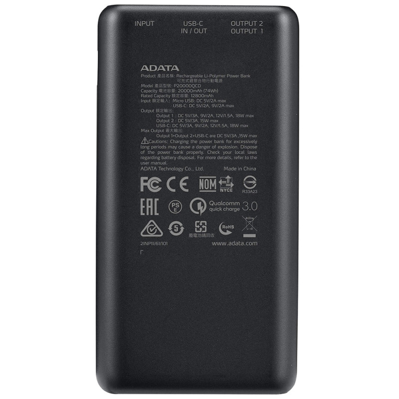 УМБ ADATA 20000 mAh 20W QC 3.0/PD 3.0 USB-C + USB2.0 чорна