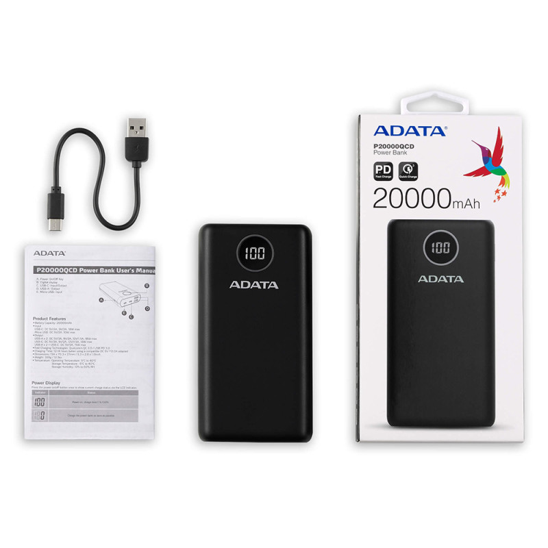УМБ ADATA 20000 mAh 20W QC 3.0/PD 3.0 USB-C + USB2.0 чорна
