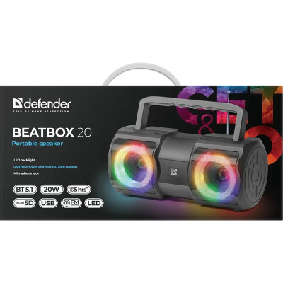 Акустична система Defender 1.0 Beatbox 20Вт, Light/BT/MIC/FM/USB/TF