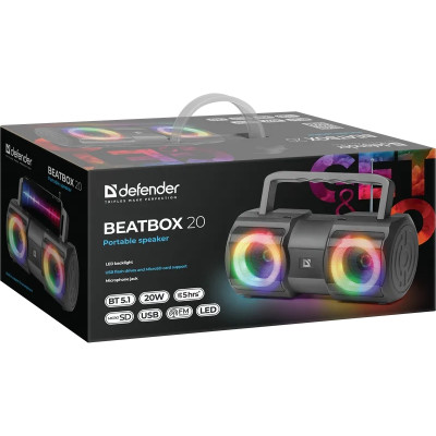 Акустична система Defender 1.0 Beatbox 20Вт, Light/BT/MIC/FM/USB/TF